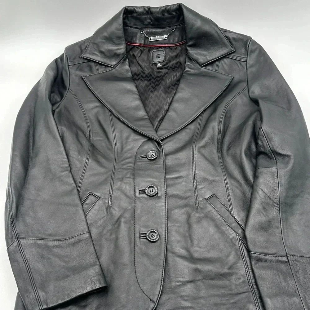 Vintage Wilsons Leather Womens Jacket Medium Black Moto Biker Motorcycle Button